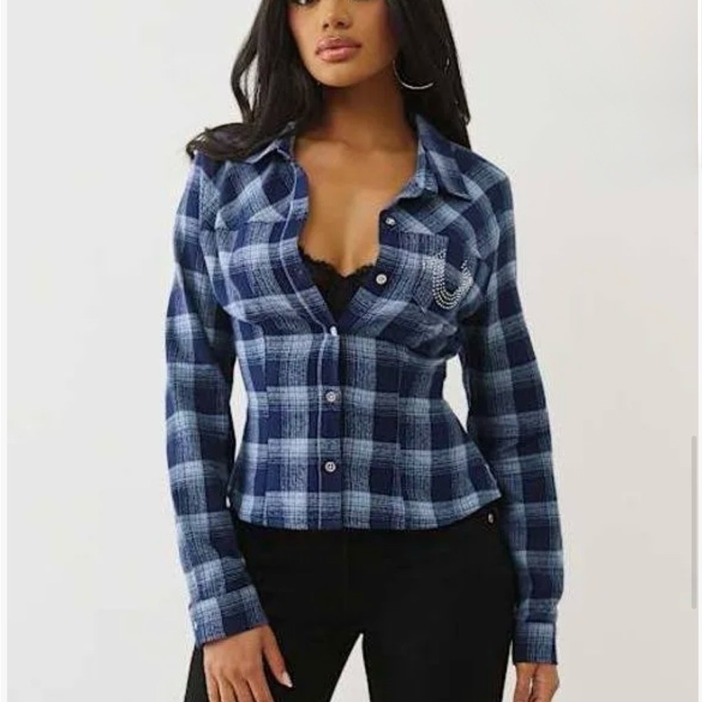 True Religion Women's Slim Button Down Plaid Shirt Blue 100% Cotton S